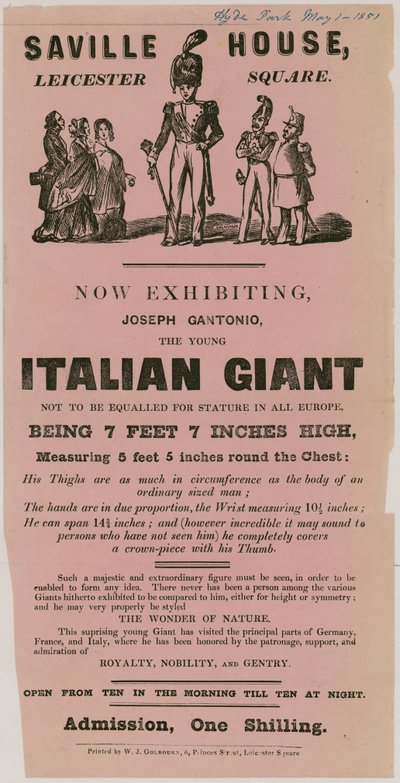 Werbung für einen Auftritt von Joseph Gantonio, dem jungen italienischen Riesen von English School