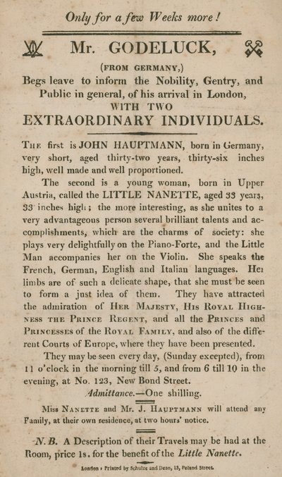 Werbung für das Erscheinen zweier außergewöhnlicher Individuen von English School