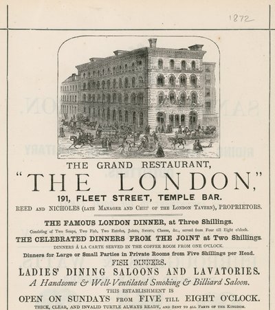 Anzeige für das Grand Restaurant The London, 191 Fleet Street, Temple Bar von English School
