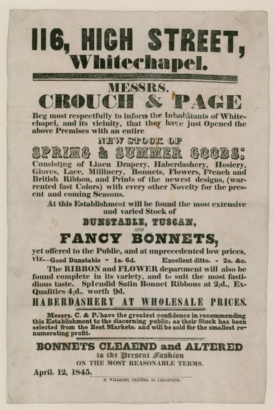 Werbung für Crouch und Page, 116 High Street, Whitechapel von English School