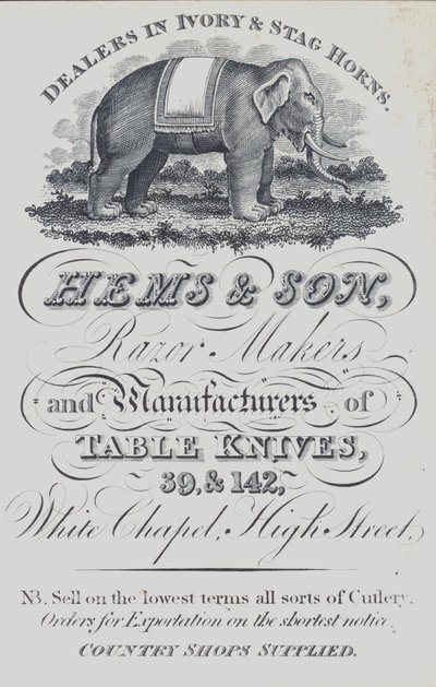Werbung für Hems & Son, Händler in Elfenbein und Hirschhorn, Rasiermesserhersteller und Hersteller von Tischmessern, London von English School