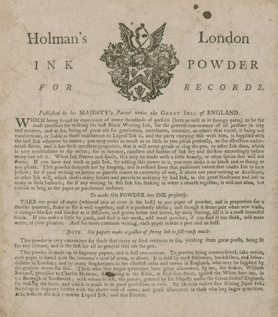 Werbung für Holmans Londoner Tintenpulver für Aufzeichnungen von English School