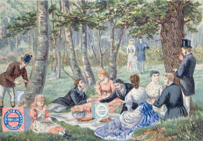 Werbung für Imperial Ceylon Biscuits von Huntley & Palmer, die ein Picknick im Epping Forest zeigt von English School