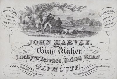 Werbung für John Harvey, Büchsenmacher, Plymouth, Devon von English School