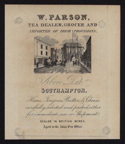 Werbung für W Parson, Teehändler, Lebensmittelhändler und Importeur irischer Waren, Southampton, Hampshire von English School