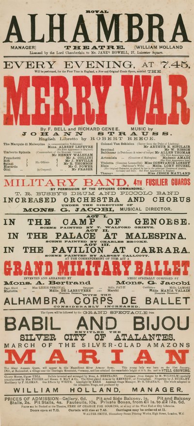 Anzeige für das Royal Alhambra Theatre, mit Merry War von F. Bell und Richard Genee mit Musik von Johann Strauss von English School