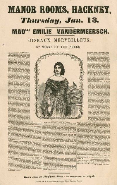Werbung für den Auftritt von Mademoiselle Emilie Vandermeersch, Oiseaux Merveilleaux in den Manor Rooms, Hackney, London von English School