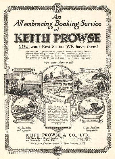 Werbung für den Ticketbuchungsservice von Keith Prowse & Co, Ltd von English School