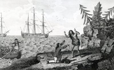 Ergreifendes Treffen von zwei Mokito-Männern, Illustration aus Moores Reisen und Reisen, 1778 von English School