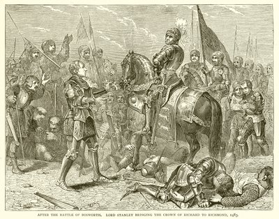 Nach der Schlacht von Bosworth. Lord Stanley bringt die Krone von Richard zu Richmond, 1483 von English School