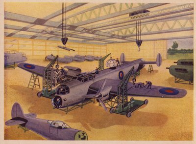 Flugzeugfabrik (Farblithografie) von English School