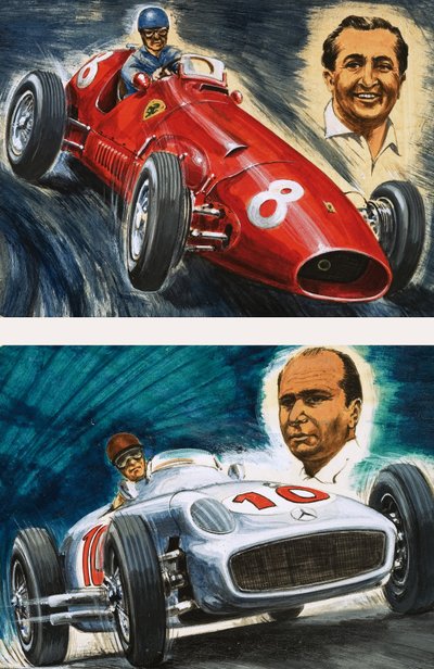 Alberto Ascari fährt einen Maserati (oben) und Juan Manuel Fangio fährt einen Mercedes-Benz (unten) von English School