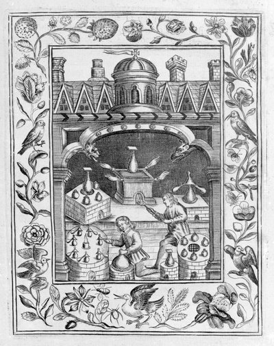 Alchemisches Labor, das verschiedene Formen von Öfen und Gefäßen zeigt, aus Theatrum Chemicum Britannicum von Elias Ashmole, 1652 von English School