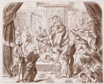 Allegorisches Bild von Heinrich VIII., der auf Papst Clemens tritt, aus einem alten Druck im British Museum von English School
