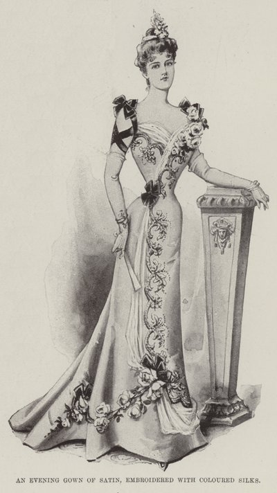 Ein Abendkleid aus Satin, bestickt mit farbigen Seiden von English School