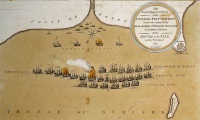 Eine genaue Darstellung der englischen und französischen Flotten unter dem Kommando von Konteradmiral Nelson vor der Mündung des Nils von English School
