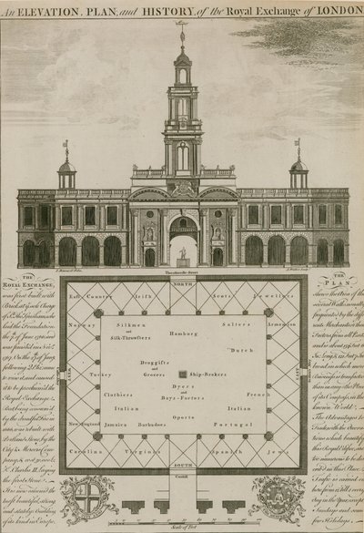 Eine Erhebung, ein Plan und die Geschichte der Royal Exchange, London von English School