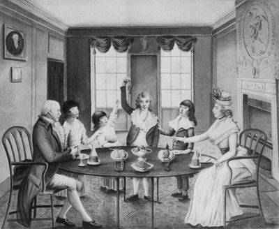 Ein Interieur mit einer Dame und einem Herrn, die an einem Tisch sitzen, mit ihren vier Kindern, die dahinter stehen, ca. 1780 von English School