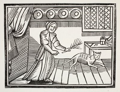 Eine alte Frau peitscht ihre Katze aus, weil sie an einem Sonntag Mäuse fängt, Illustration aus Chap-books des achtzehnten Jahrhunderts von John Ashton, veröffentlicht 1882 von English School