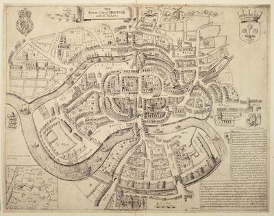 Alter Stadtplan von Bristol und seinen Vororten, gedruckt, koloriert und verkauft von Robert Walton von English School