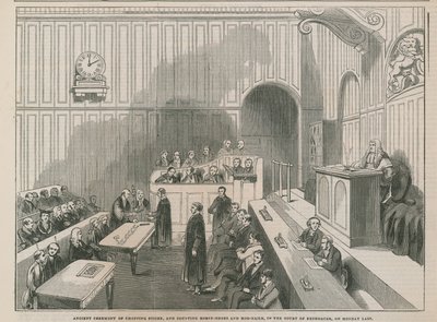 Alte Zeremonie des Stöckchenschneidens und Zählens von Hufeisen und Hobnägeln im Gerichtshof des Schatzamtes von English School