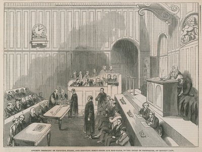 Altes Zeremoniell des Stöckeschneidens und Zählens von Hufeisen und Hobnägeln im Gericht der Verbrauchssteuer von English School