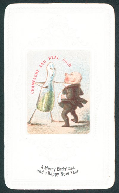 Wütende Champagnerflasche schlägt Mann, Weihnachtskarte von English School