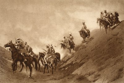 Arabische berittene Polizei half den Briten beim Überqueren des ausgetrockneten Bettes eines alten Kanals, 1914-19 von English School