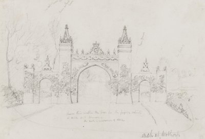 Bogen in Wothorp, Cambridgeshire, errichtet zur Begrüßung von Königin Victoria und Prinz Albert auf dem Weg nach Burghley House von English School