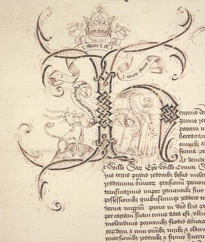 Dekorierter Initialbuchstabe H aus der königlichen Urkunde von König Heinrich VI. an das New College Oxford von English School