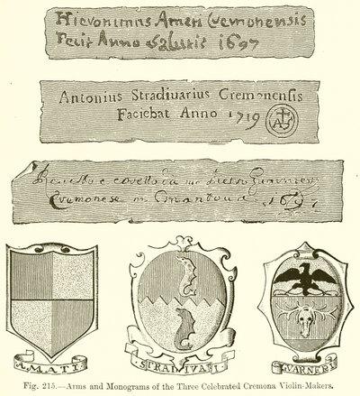 Wappen und Monogramme der drei berühmten Cremona-Geigenbauer von English School