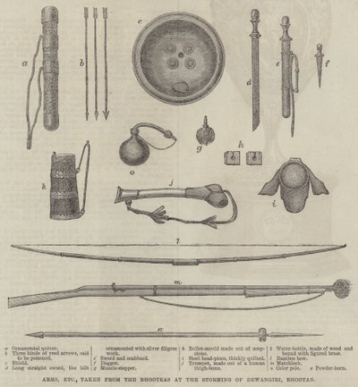 Waffen usw., die von den Bhutanesen bei der Erstürmung von Dewangiri, Bhutan, erbeutet wurden (Stich) von English School