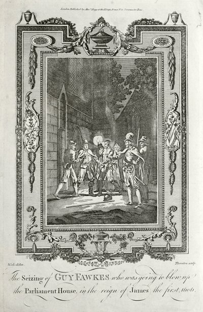 Verhaftung von Guy Fawkes wegen des Versuchs, das Parlament im Gunpowder Plot am 5. November 1605 in die Luft zu sprengen von English School
