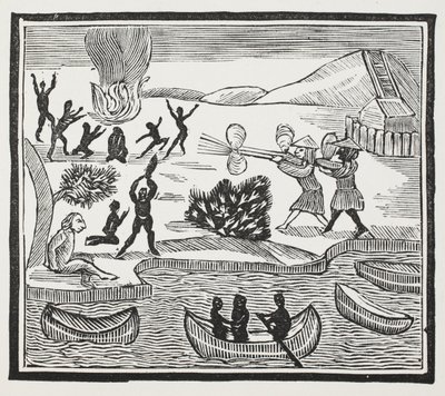 Ankunft von Wilden mit christlichem Gefangenen, Illustration aus Chap-books des achtzehnten Jahrhunderts von John Ashton, veröffentlicht 1882 von English School
