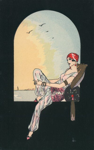 Art-Deco-Bild einer Frau, die auf einem Fenstersitz liegt von English School
