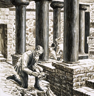 Arthur Evans erkundet die Überreste des antiken minoischen Palastes von Knossos von English School
