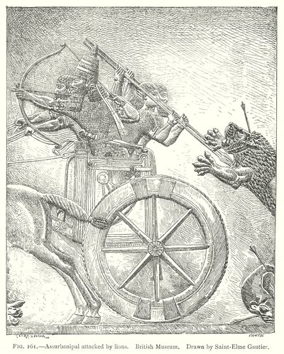 Assurbanipal von Löwen angegriffen. British Museum (Gravur) von English School
