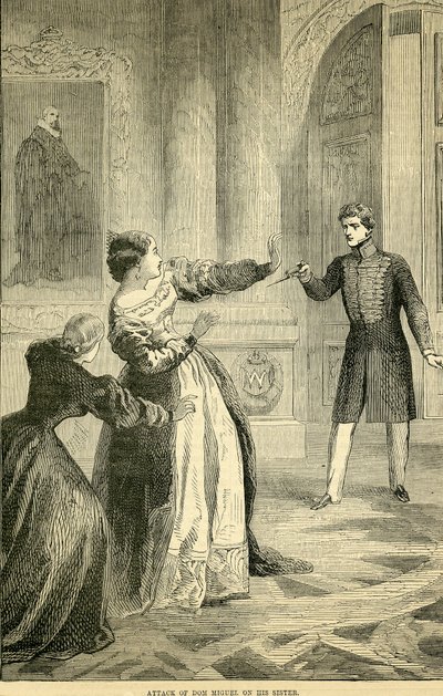 Angriff von Don Miguel auf seine Schwester, aus Cassells Illustrated History of England, 1857-1858 von English School