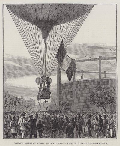 Ballonaufstieg von Messers Jovis und Mallet von den Gaswerken La Villette, Paris (Gravur) von English School
