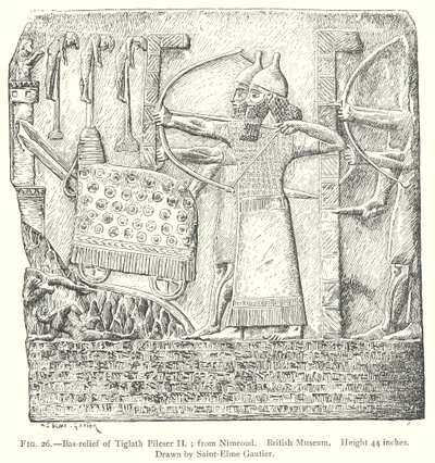 Basrelief von Tiglath Pileser II.; aus Nimrud. British Museum (Gravur) von English School