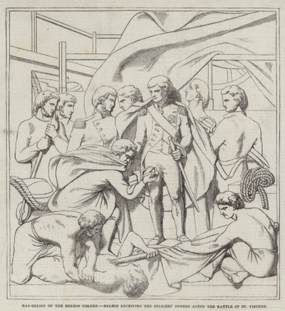 Basrelief der Nelson-Säule, Nelson nimmt die Schwerter der Offiziere nach der Schlacht von St. Vincent entgegen (Gravur) von English School