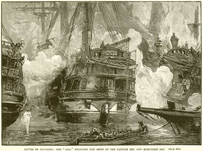 Schlacht von Navarino: Die Asia im Kampf mit den Schiffen von Capitan Bey und Mohurrem Bey von English School