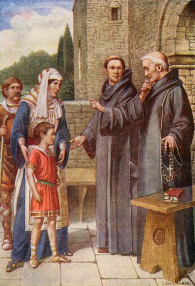 Beda wird ins Kloster gebracht (Farblithografie) von English School