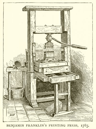 Benjamin Franklins Druckerpresse, 1785 von English School