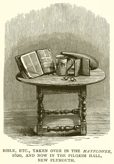 Bibel usw., die mit der Mayflower, 1620, nach New Plymouth gebracht wurden und jetzt in der Pilgrim Hall sind von English School