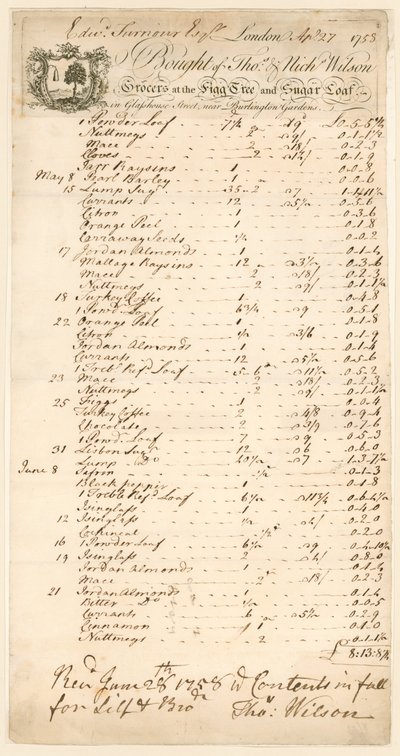 Rechnung für Waren, gekauft bei Thomas & Nicholas Wilson, Lebensmittelhändler von English School