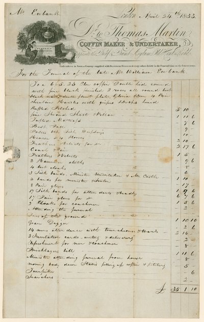 Rechnung von Thomas Martin, Sargmacher & Bestatter in Bezug auf die Beerdigung von Mr. William Eubank von English School