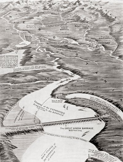 Vogelperspektive von Mesopotamien mit William Willcocks vorgeschlagenem Bewässerungssystem, aus Hutchinsons History of the Nations, veröffentlicht 1915 von English School