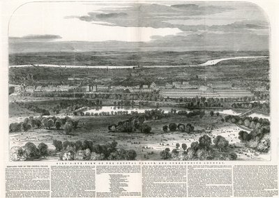 Vogelperspektive des Kristallpalastes und der umliegenden Landschaft, Große Ausstellung, 1851 von English School