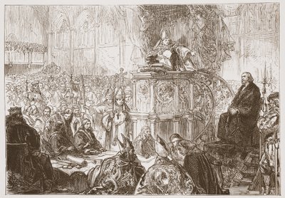 Der Bischof von Lodi predigt beim Prozess gegen Hus, Illustration aus Die Geschichte des Protestantismus von James Aitken Wylie, veröffentlicht 1878 von English School